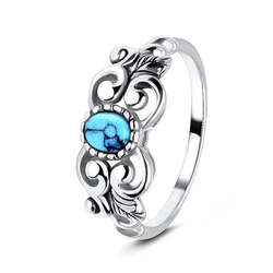 Blue Turquoise with Oxidized Ornamental Silver Ring NSR-3188